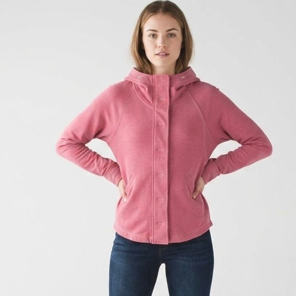 Cabi Women's Soho Hoodie Jacket Size XS Pink Snap Button Elastic Waist High Low